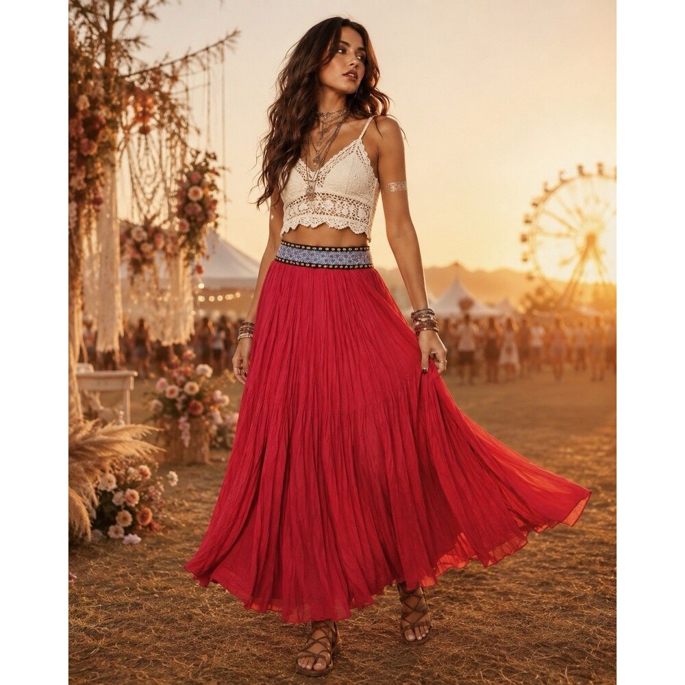 90s Boho Maximalist Raspberry Beaded Broomstick Maxi Skirt Festival